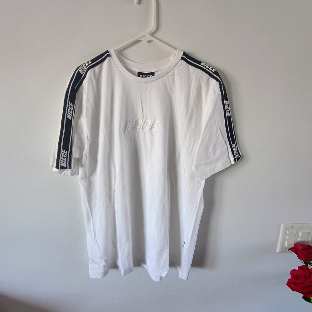 NICCE London White Logo Tape Sleeve Streetwear Tee Cotton XL Unisex Shirt